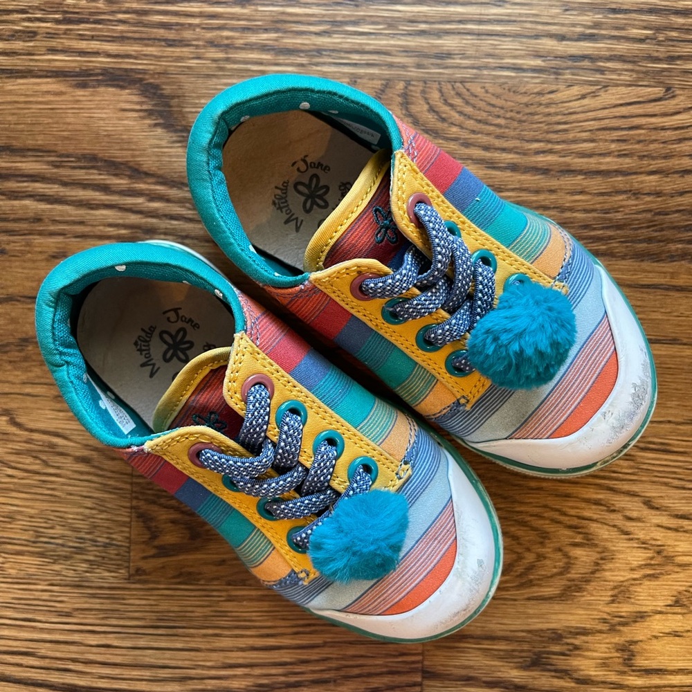 Matilda Jane Girls Teal Striped Pom Pom Sneakers Size 7 - Picture 2 of 11